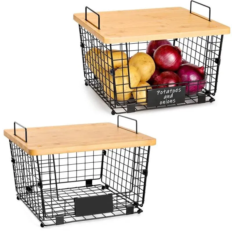 2 Set Stackable Kitchen Counter Basket with Bamboo Top - Pantry Organization and Storage Wire Organizing Basket - Cabinet Countertop Organizer Bins for Produce, Fruit, Vegetable (Onion, Potato), Bread