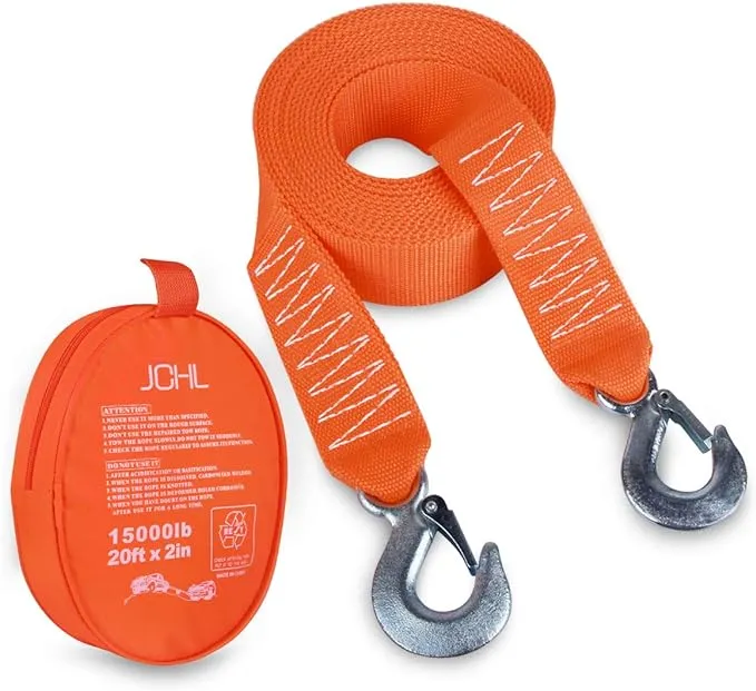 JCHL Tow Strap Heavy Duty with Hooks 2”x20’ 15,000LB Recovery Strap 6,8 Tons Towing Strap with Safety Hooks Polyester