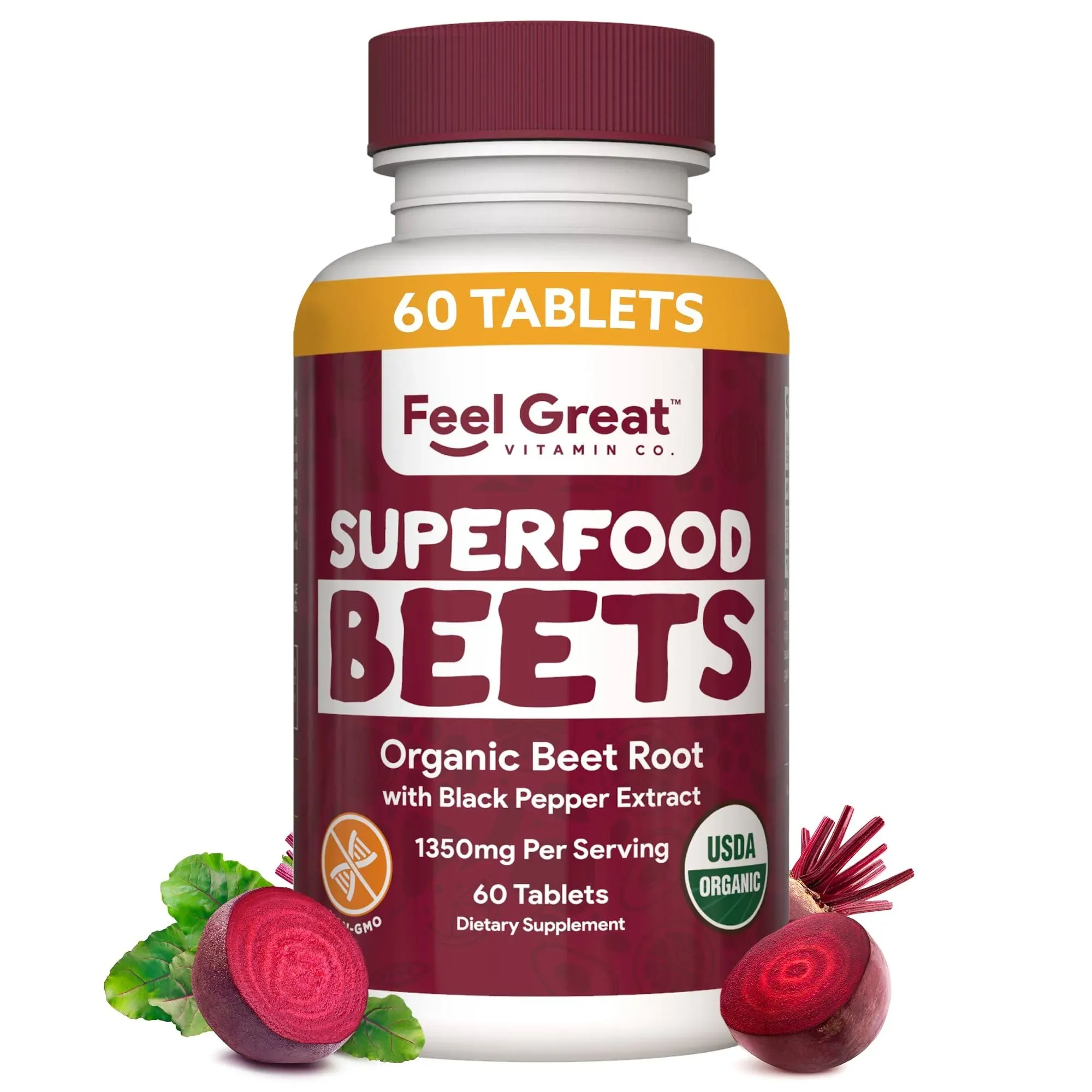 Feel Great Vitamins Organic Beet Root Powder Supplements (Tablets) | Beets Nitric Oxide Supplement | Red Beet Powder Support Healthy Circulation with Natural Nitrates for Natural Energy*