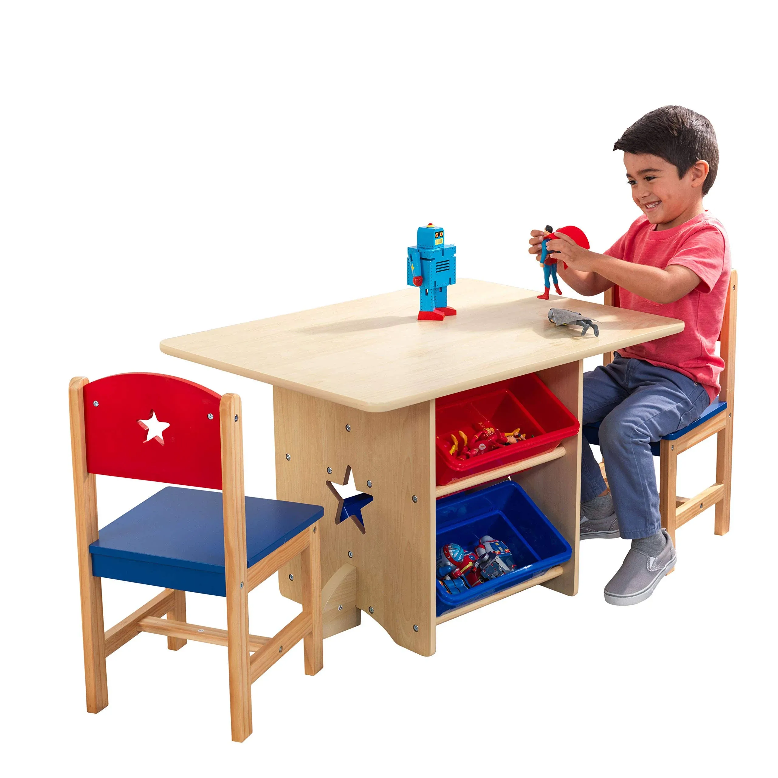 Wooden Star Table &amp; Chair Set with 4 Storage Bins, Children&#039;s Furniture Red,Blue