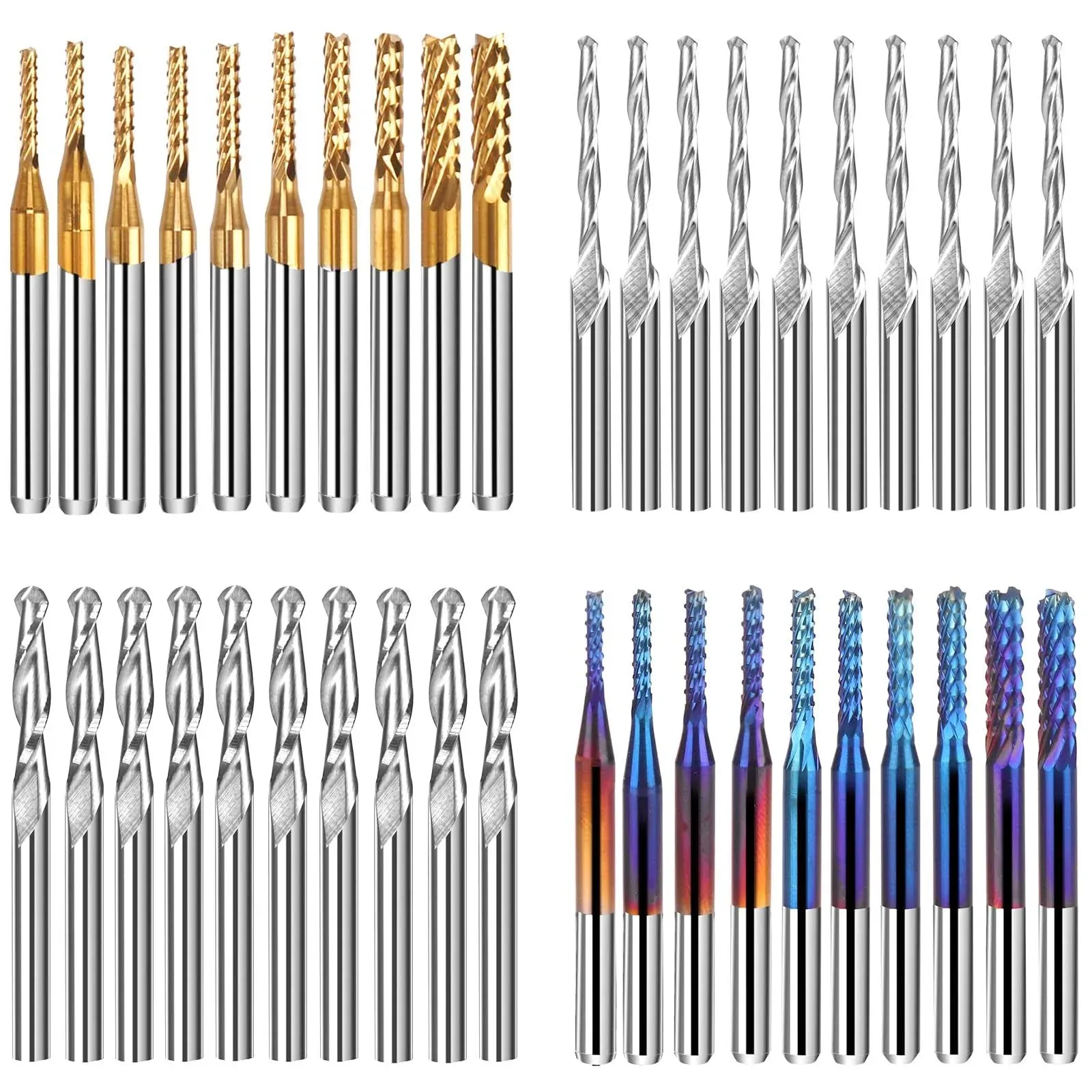 Genmitsu 40pcs End Mills CNC Router Bits, 1/8" Shank CNC Cutter Milling Carving Bit Set Including 2-Flute Flat Nose & Ball Nose End Mill, Nano Blue C