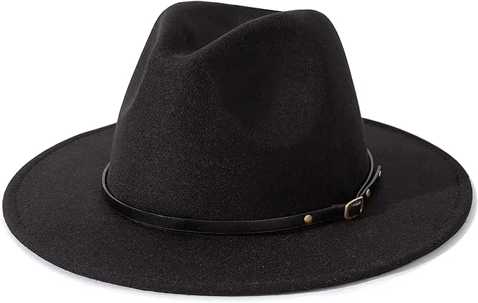 Lanzom Women Men Classic Felt Wide Brim Western Cowboy Cowgirl Hat with Belt Buckle Fit Size 6 8/7-7 1/4