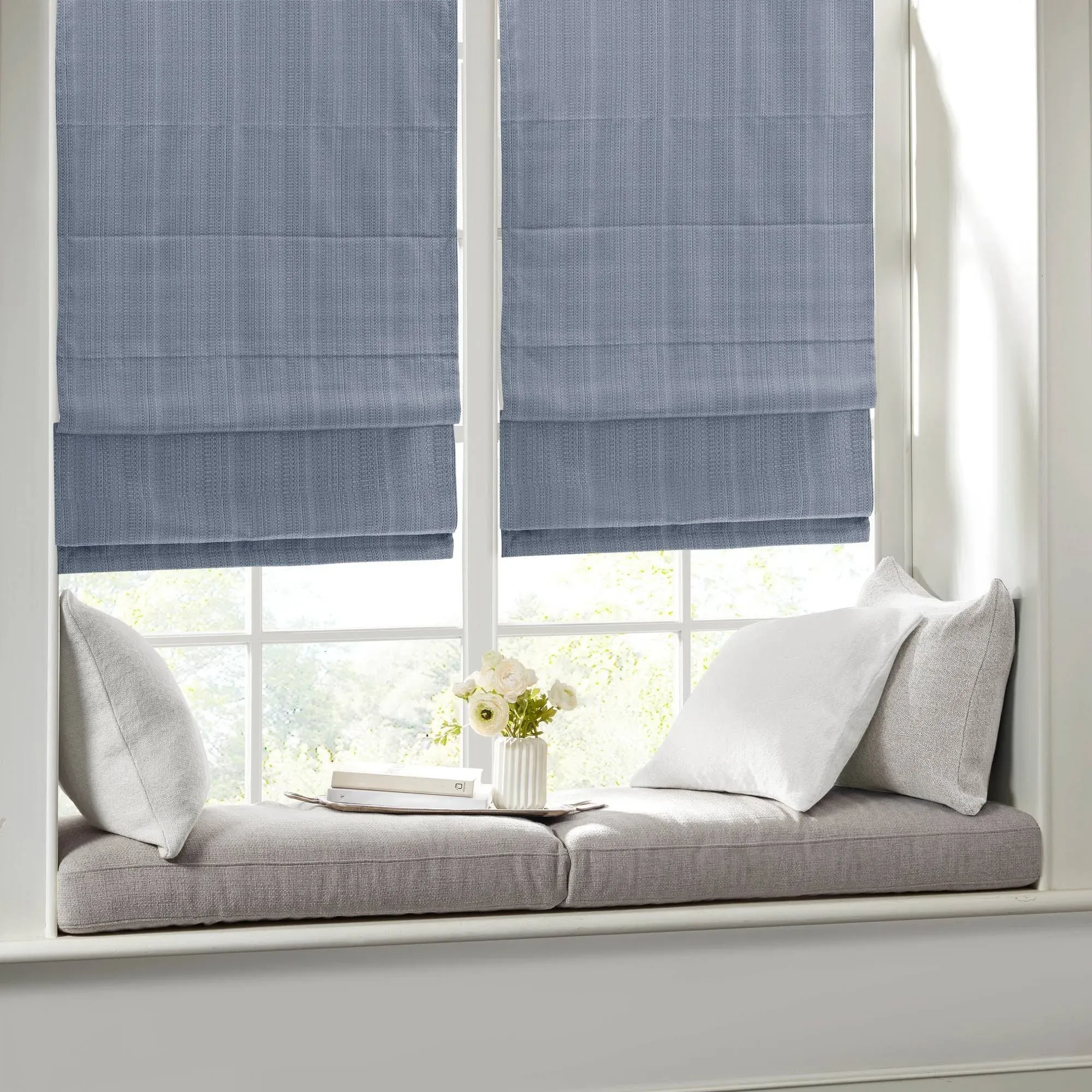 Madison Park Galen Cordless Roman Shades - Fabric Privacy Single Panel Darkening, Energy Efficient, Thermal Insulated Window Blind Treatment, for Bedroom, Living Room Decor, 31" x 64" Indigo Blue