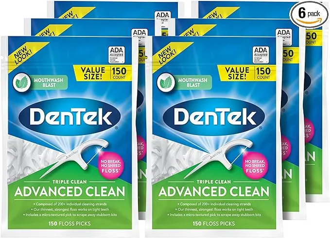 DenTek Triple Clean Advanced Clean Floss Picks, No Break & No Shred Floss, 150 Count, 6 Pack