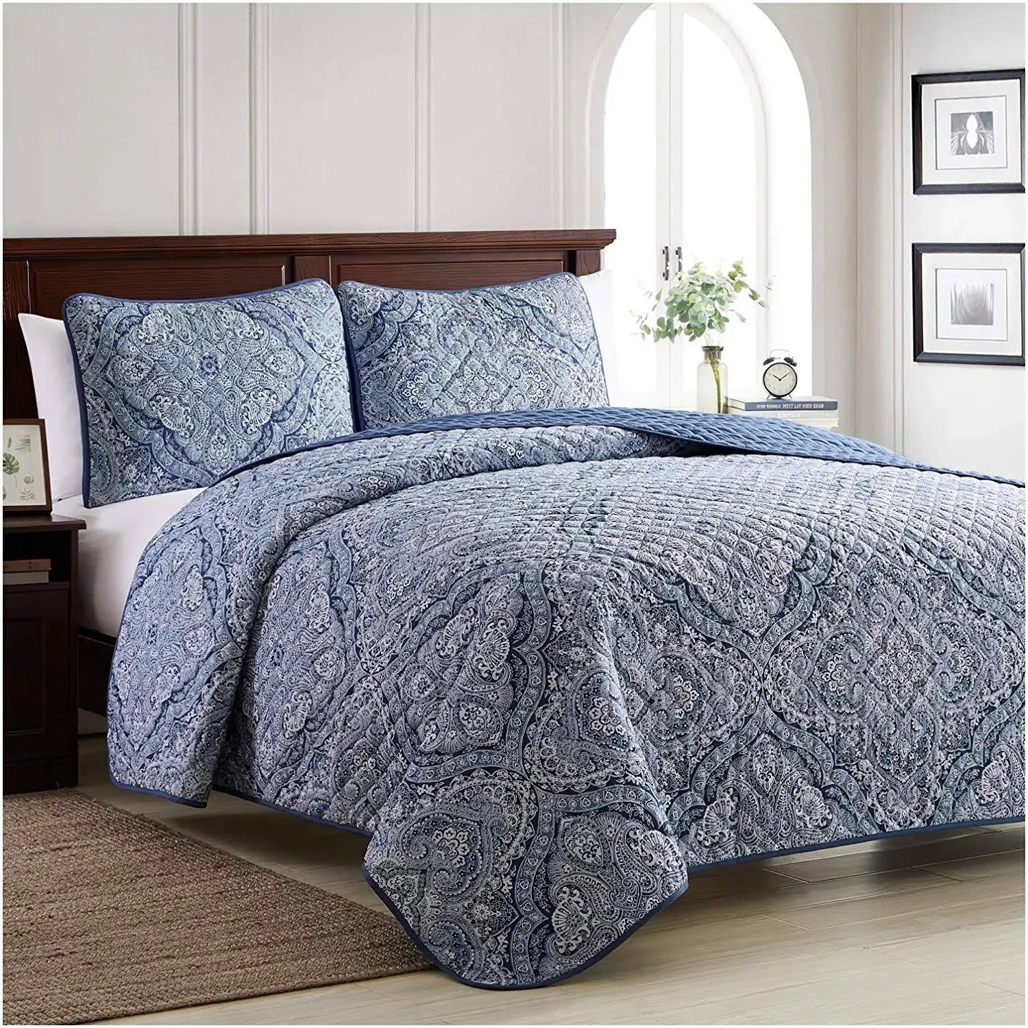 Mellanni Twin Bedspread Coverlet Set - Bedding Cover with Shams - Ultrasonic Quilting Technology - 3 Piece Oversized Quilt Set - Bedspreads & Coverlets (Twin, Medallion Blue)