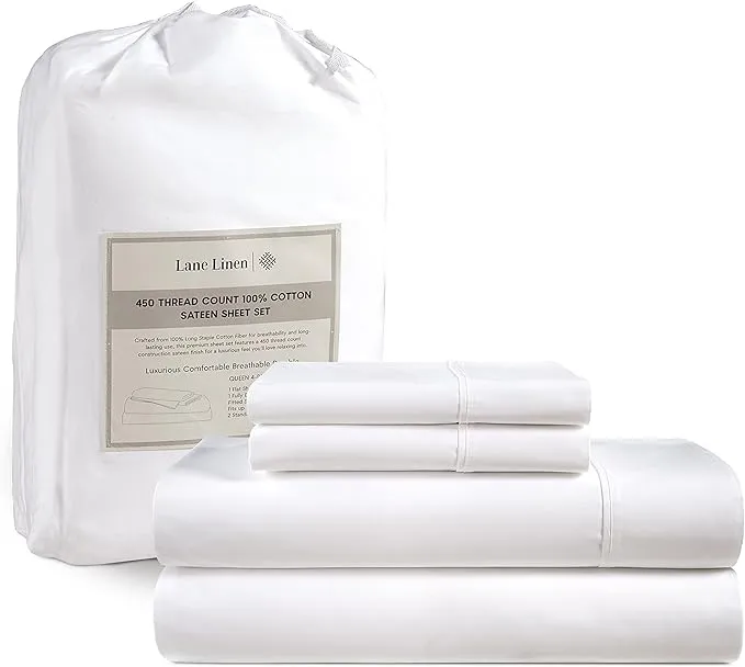 Lane Linen 100% Cotton Sheets for Queen Size Bed, 450 Thread Sateen 4 PC Queen Sheet Set, Cooling Sheets Queen size, Soft and BR