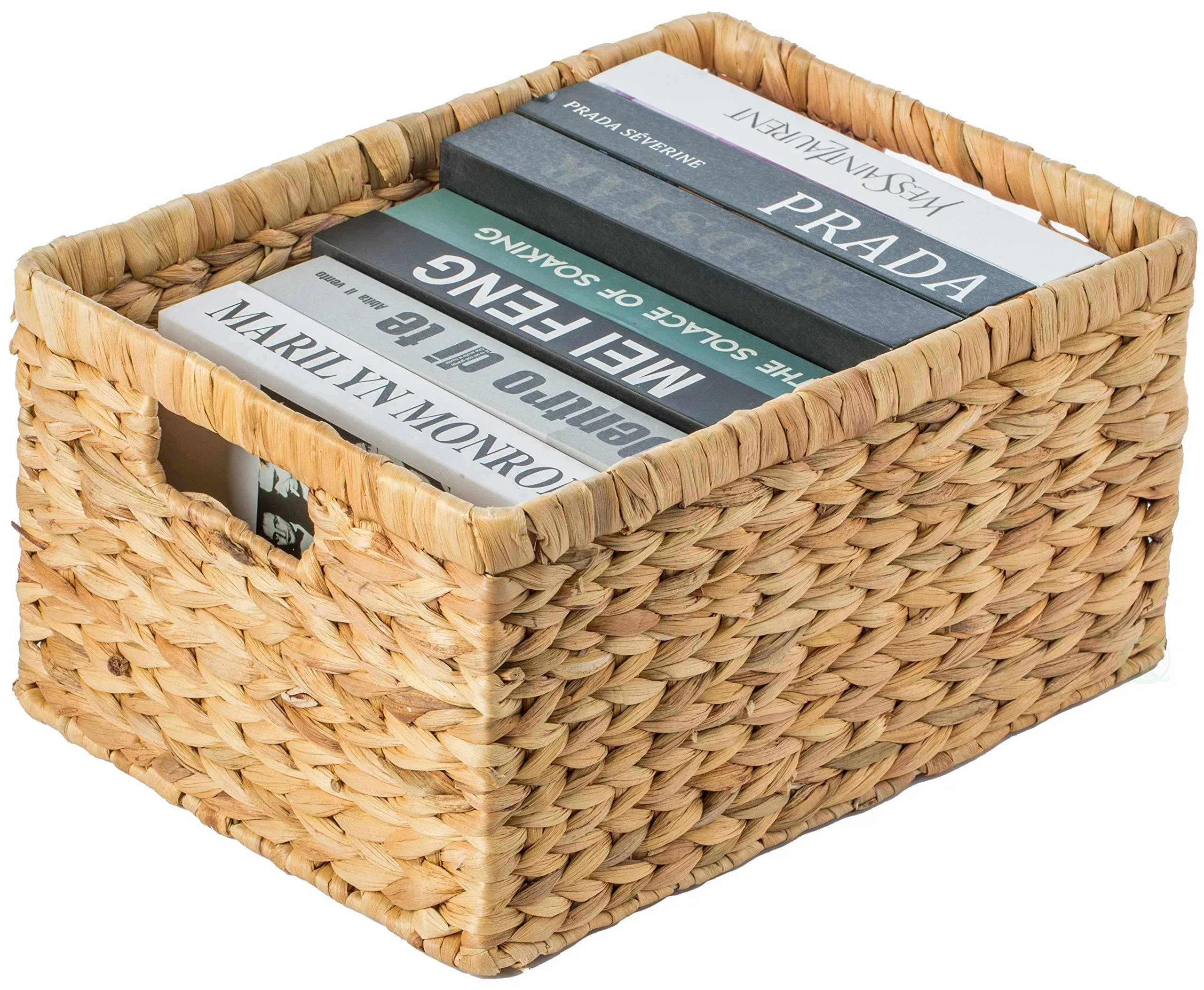 Natural Woven Water Hyacinth Wicker Rectangular Storage Bin Basket With Handles