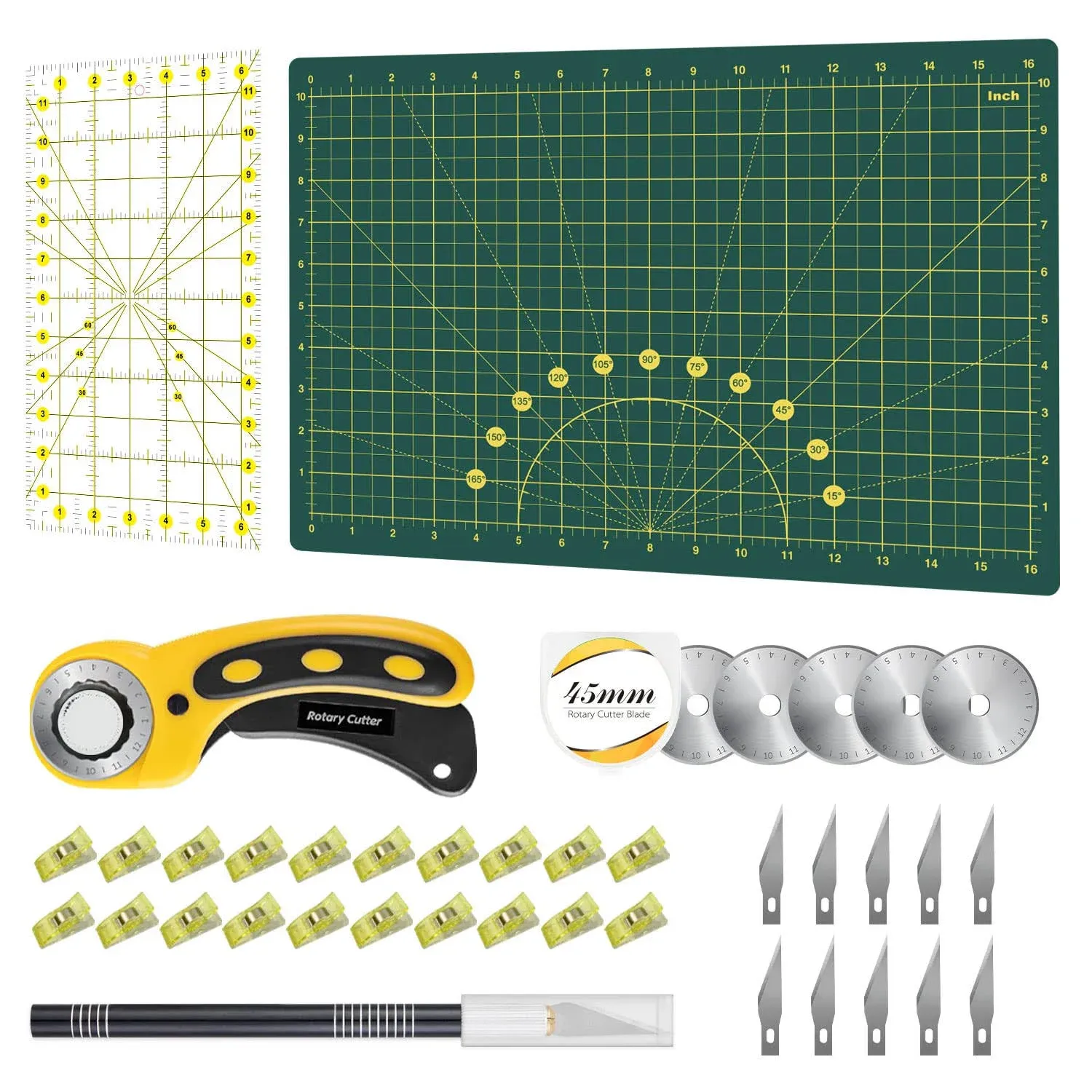 Headley Tools Rotary Cutter Set - 45mm Fabric Cutter, 5 Extra Rotary Blades, A3 Cutting Mat, Quilting Ruler and Sewing Clips, Craft Knife Set, Ideal