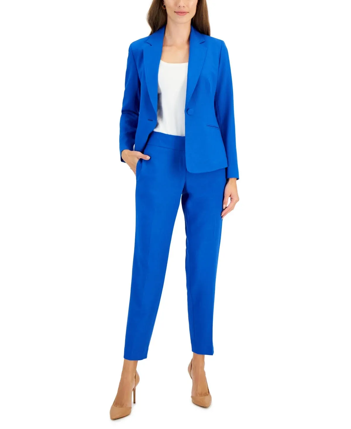 Le Suit Women's Crepe One-Button Pantsuit, Regular & Petite Sizes - Cabana Blue ...