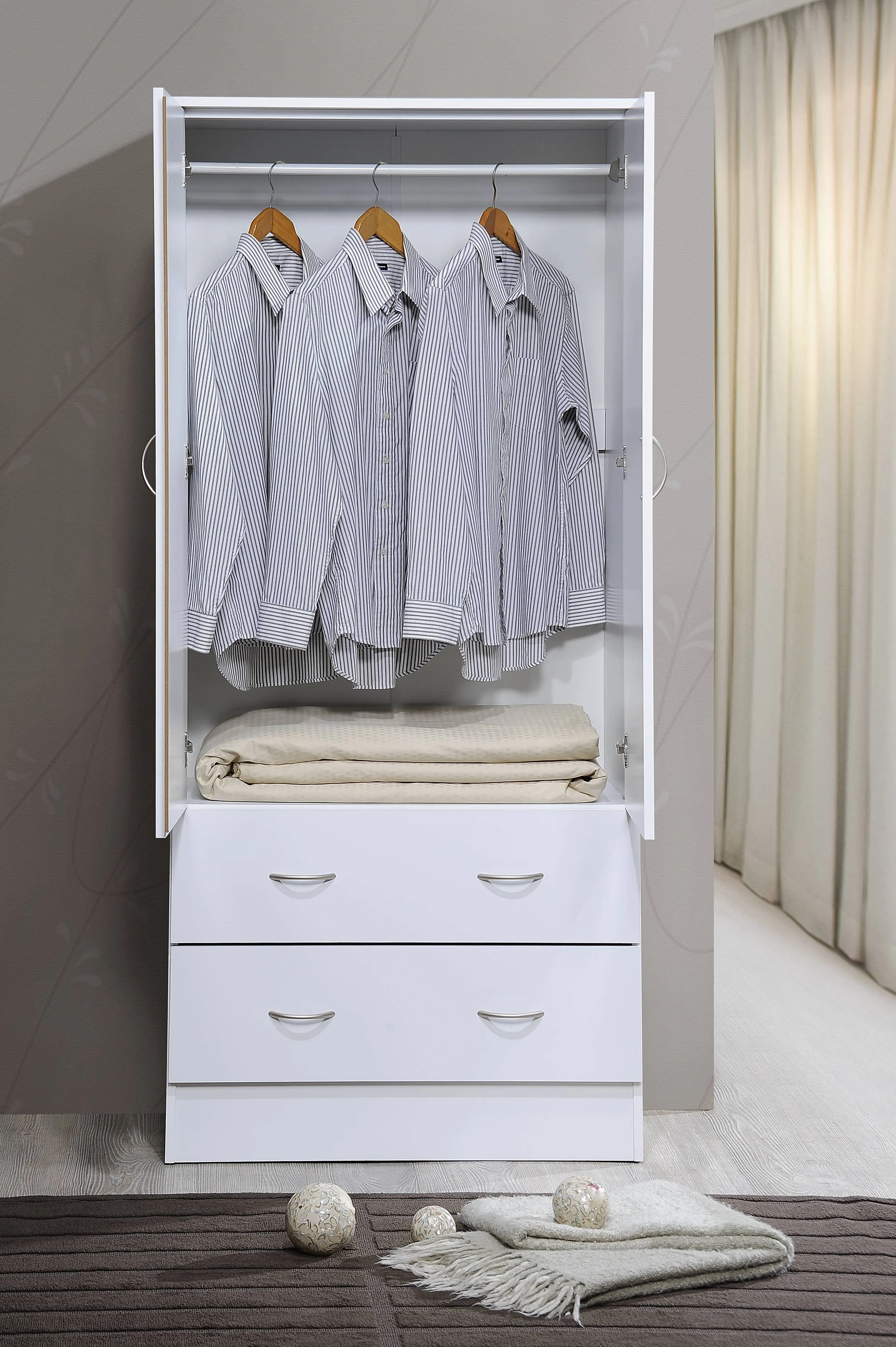 2-Door Armoire with 2-Drawers and Clothing Rod - White