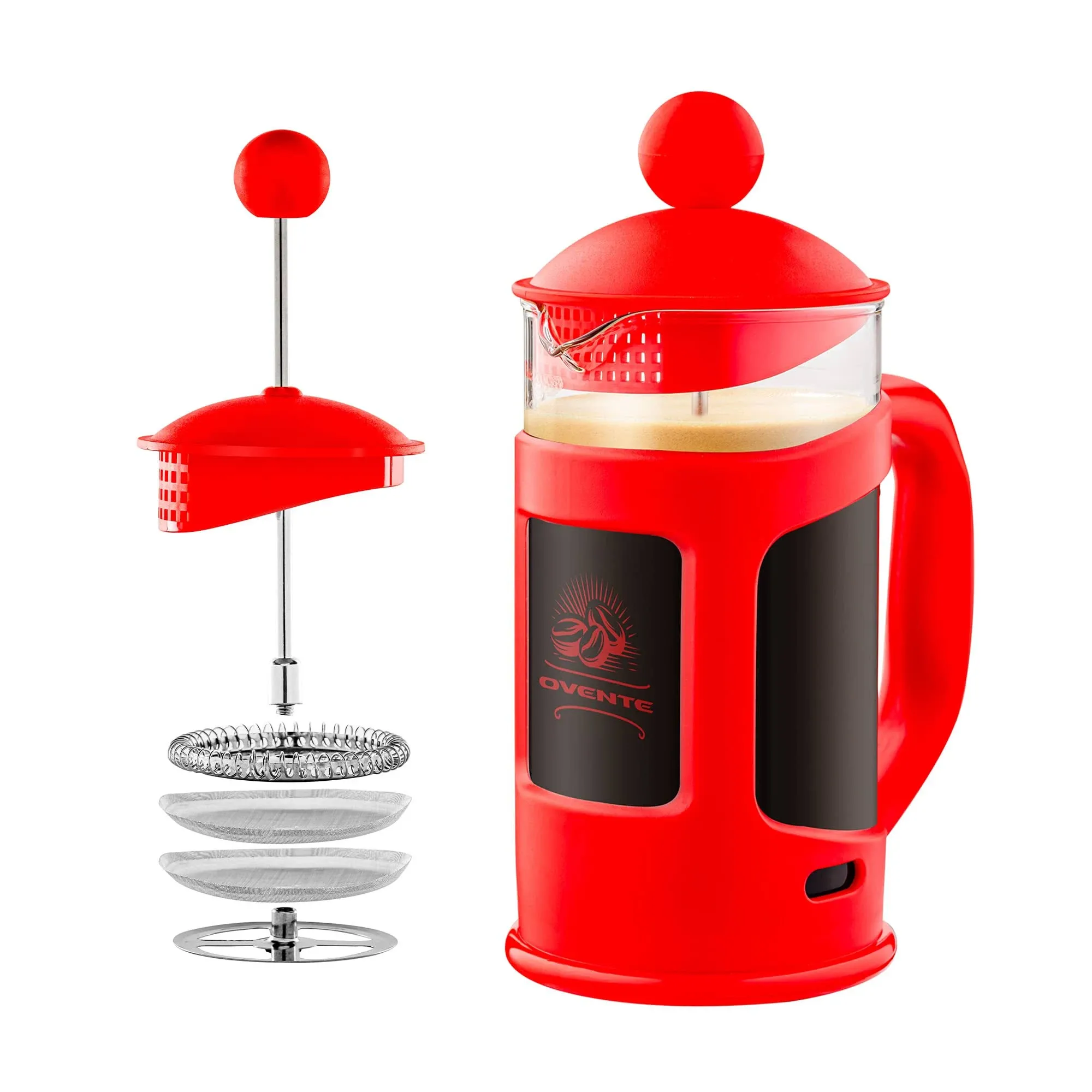 1.5 Cup Red Glass French Press Coffee Maker with 4 Level Mesh Filter