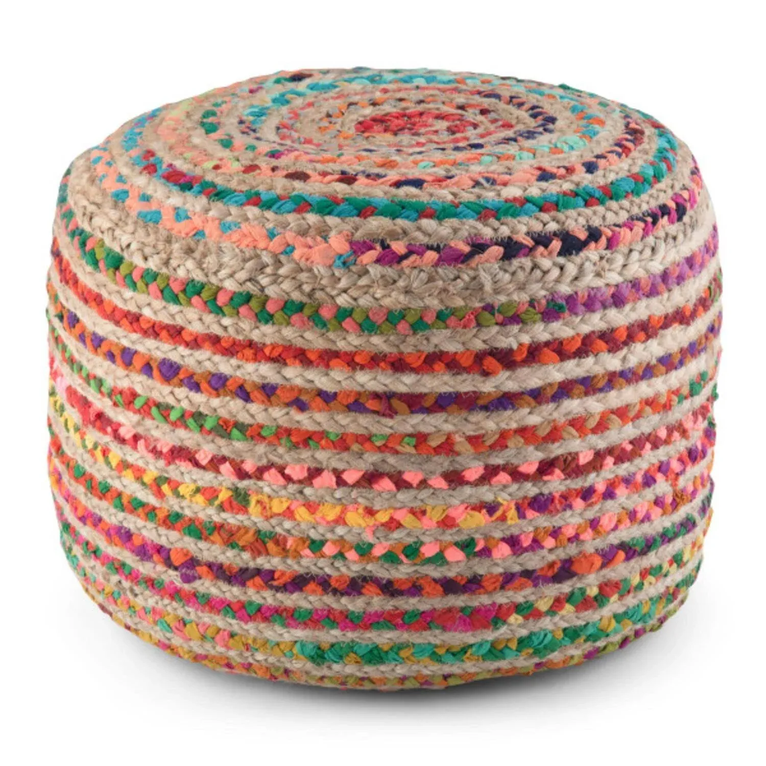 Simpli Home Margo Braided Jute Round Pouf in Multi Color