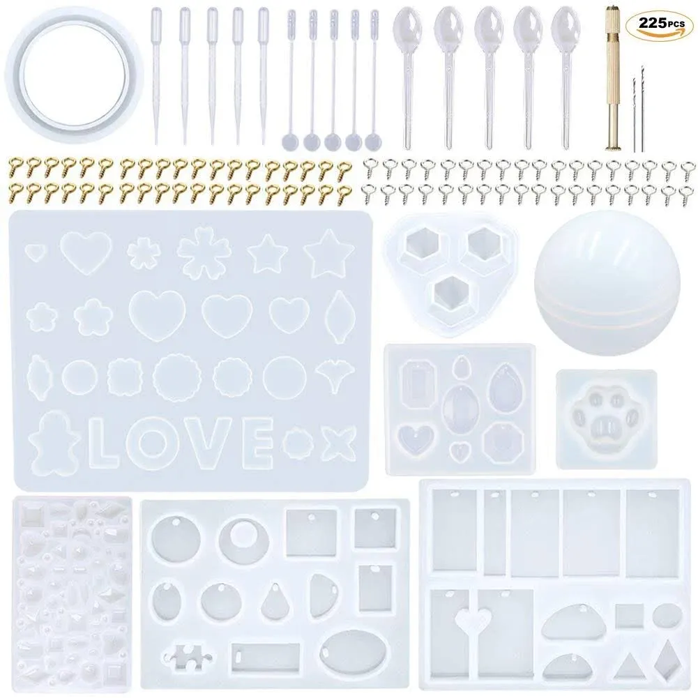 EuTengHao 225Pcs DIY Jewelry Silicone Casting Molds Tools Set Contains 9 Jewelry Resin Molds Collection,4 Necklace Pendant Resin Molds,1 Earring Resin Mold,Bracelet,Diamond,Bear Claw,Sphere Resin Mold