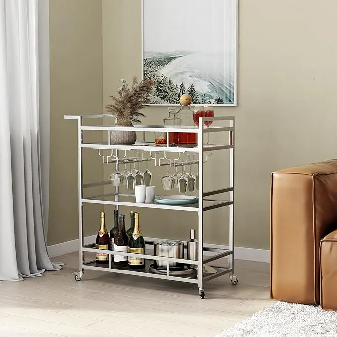 LORMiter 3 Tier Glass Shelves Rolling Serving Bar Cart with Wine Rack and Glass Holder