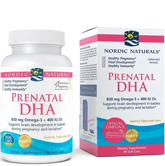 Nordic Naturals Prenatal DHA, Unflavored - 90 Soft Gels - 830 mg Omega-3 + 400 IU Vitamin D3 - Supports Brain Development in Babies During Pregnancy & Lactation - Non-GMO - 45 Servings