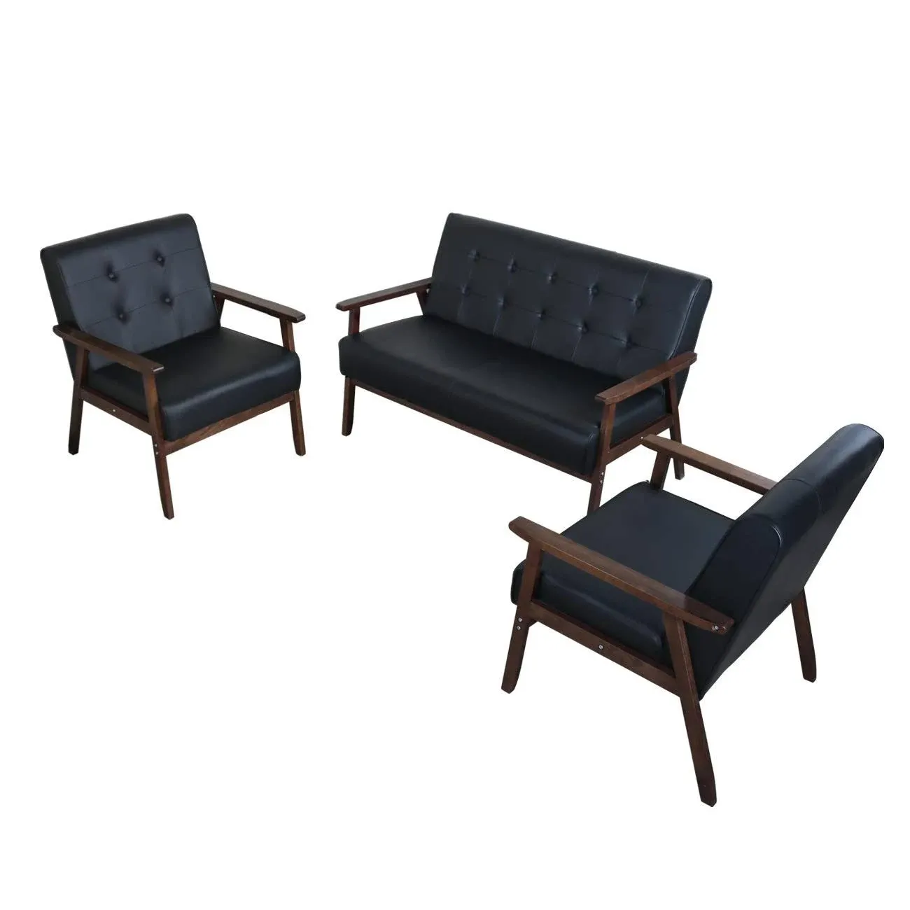 JIASTING Mid Century 1 Loveseat Sofa and 2 Accent Chairs Set Modern Wood Arm Couch and Chair Living Room Furniture Sets (8428 Black Set)