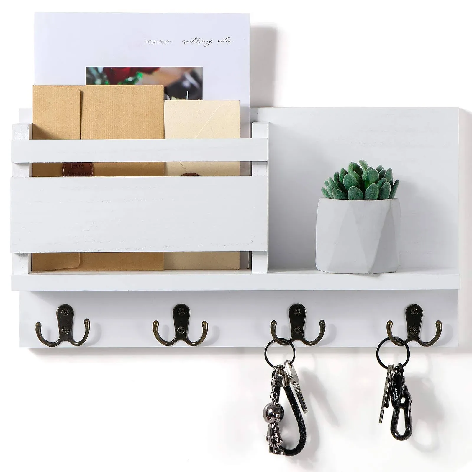 Key and Mail Holder for Wall Decorative - Rustic Mail Organizer Wall Mount, Wooden Letter Sorter Organizer with 4 Key Rack Hooks for Hallway Kitchen Farmhouse Decor (16.5” x 9.1” x 3.4”) (White)