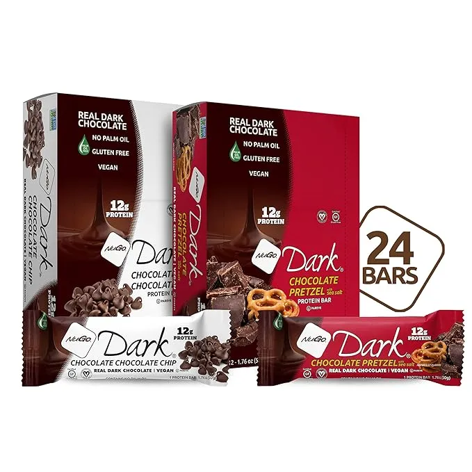 Nugo Dark Variety - Chocolate Pretzel 12 Bars & Chocolate Chocolate Chip 12 Bars Vegan 200 Calorie Gluten Free 24 Count