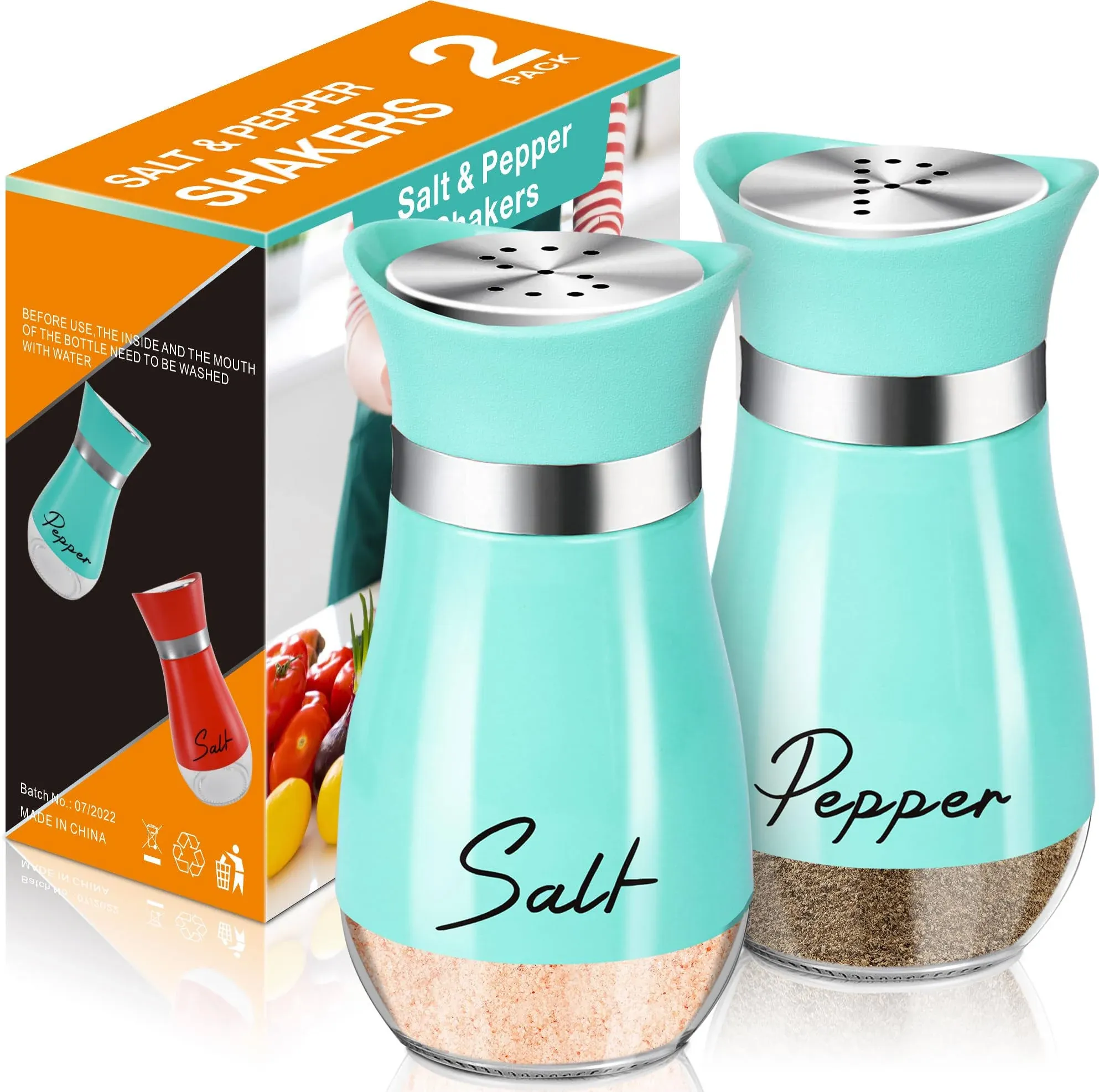 Salt and Pepper Shakers Set,4 Oz Glass Bottom Salt Pepper Shaker with Stainless Steel Lid for Kitchen Cooking Table, RV, Camp,Bbq Refillable Design (Cyan-Blue)