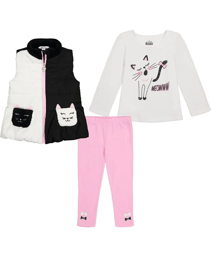 Baby Girls Faux-Fur Trimmed Vest, Kitty T-shirt and Leggings Set, 3 Piece Set