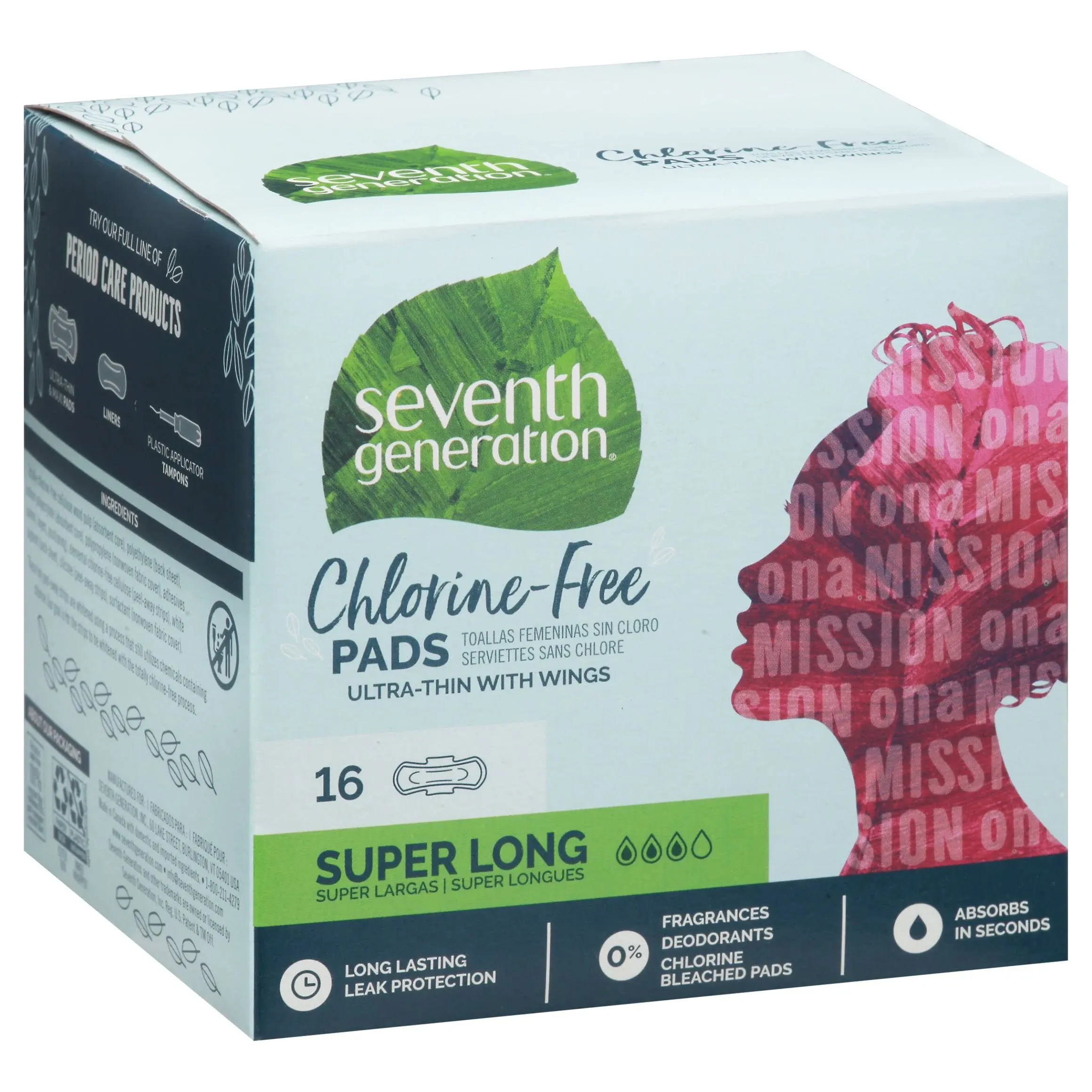 Seventh Generation Pads, Chlorine-Free, Ultra-Thin with Wings, Super Long - 16 pads