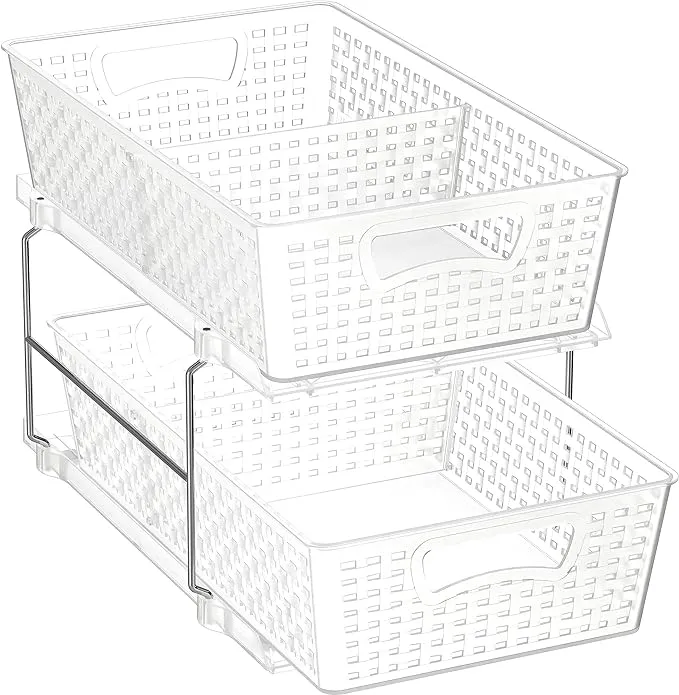 Simple Houseware 2 Tier Bathroom Organizer Tray Pull-Out Sliding Drawer/Under-Sink Storage, White