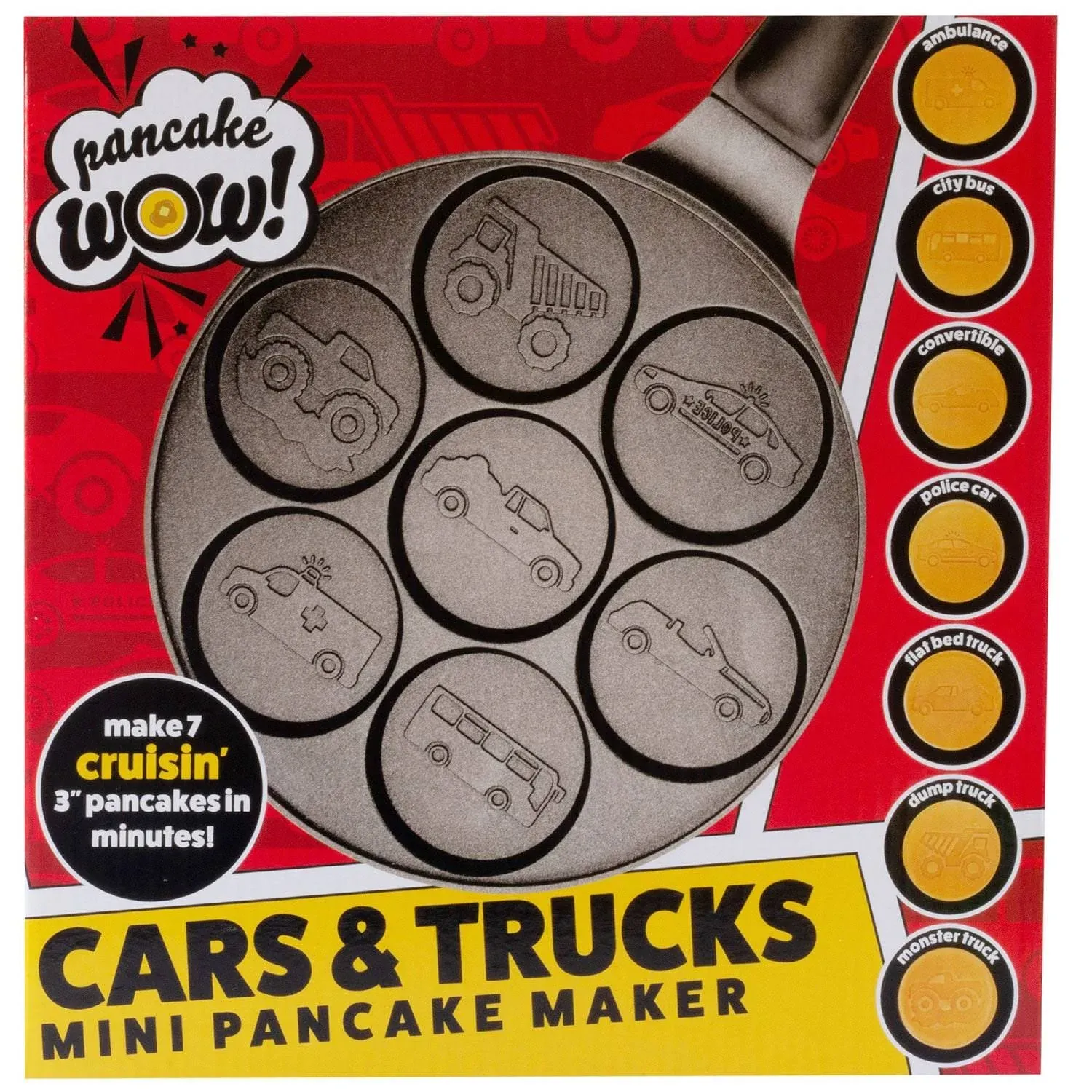 Car & Truck Mini Pancake Pan - Make 7 Unique Flapjack Cars, Nonstick Pan Cake Maker Griddle for Breakfast Fun & Easy Cleanup, Unique Holiday Treat or Gift