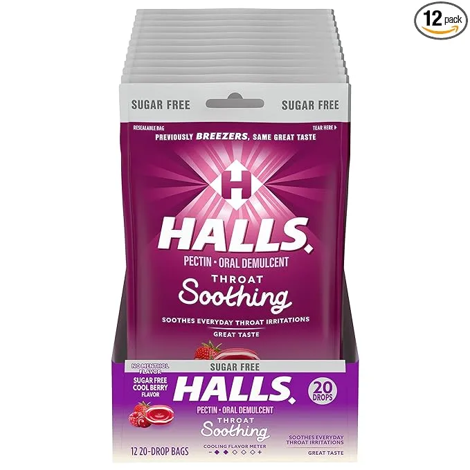 HALLS Throat Soothing (Formerly HALLS Breezers) Cool Berry Sugar Free Throat Drops, 12 Packs of 20 Drops (240 Total Drops)