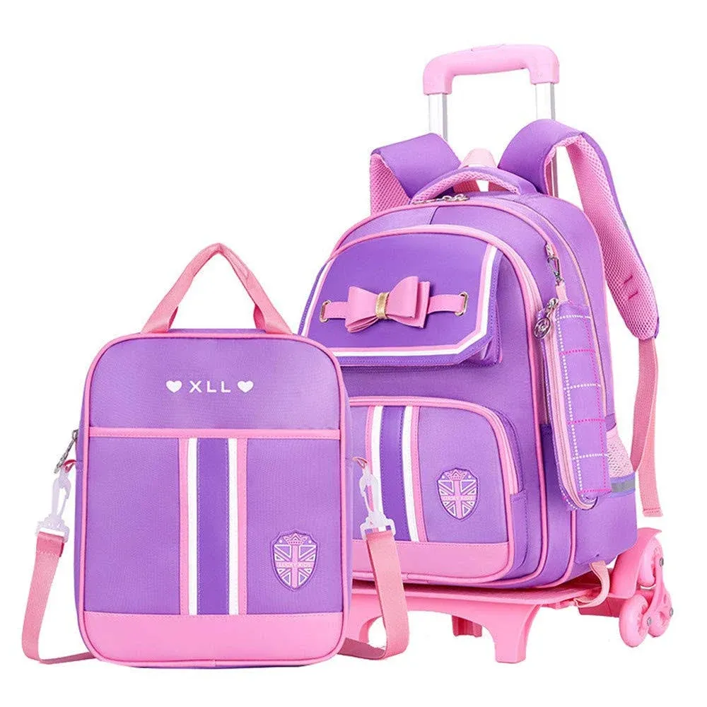 MITOWERMI Rolling Backpack for Girls Cute Trolley Bags Primary School Bookbags with Wheels Kids Carry-On Wheeled Backpack with Lunch Bag