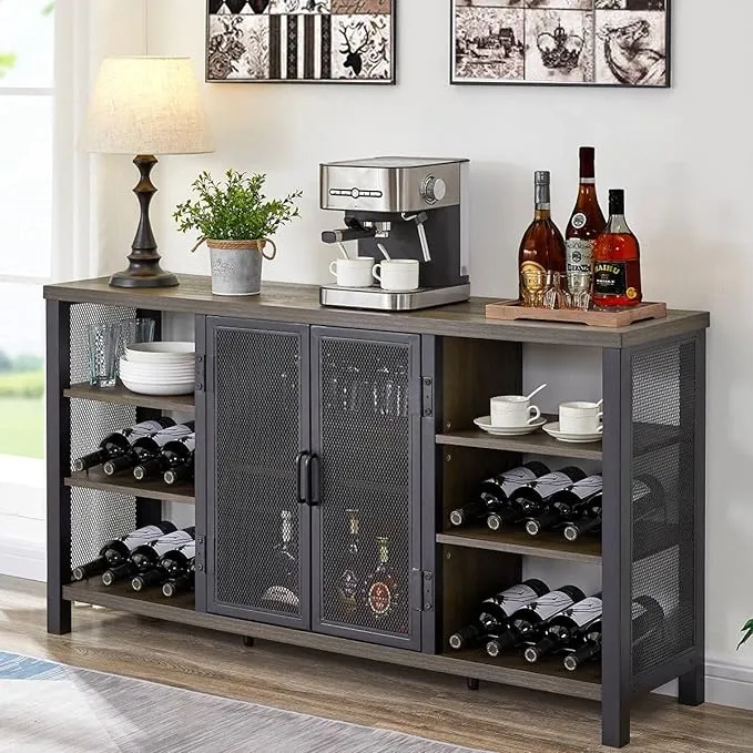 FATORRI Industrial Wine Bar Cabinet for Liquor and Glasses, Farmhouse Wood Coffee Cabinet with Wine Rack, Metal Sideboard and Buffet Cabinet