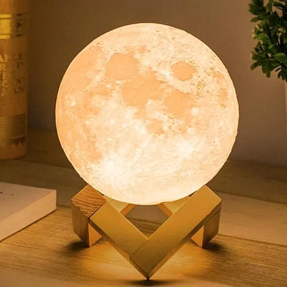 Mydethun &#034;3D Lunar 5.5&#034; Moon Lamp W/Wooden Base&#034; LED Mood White/Yellow Lighting