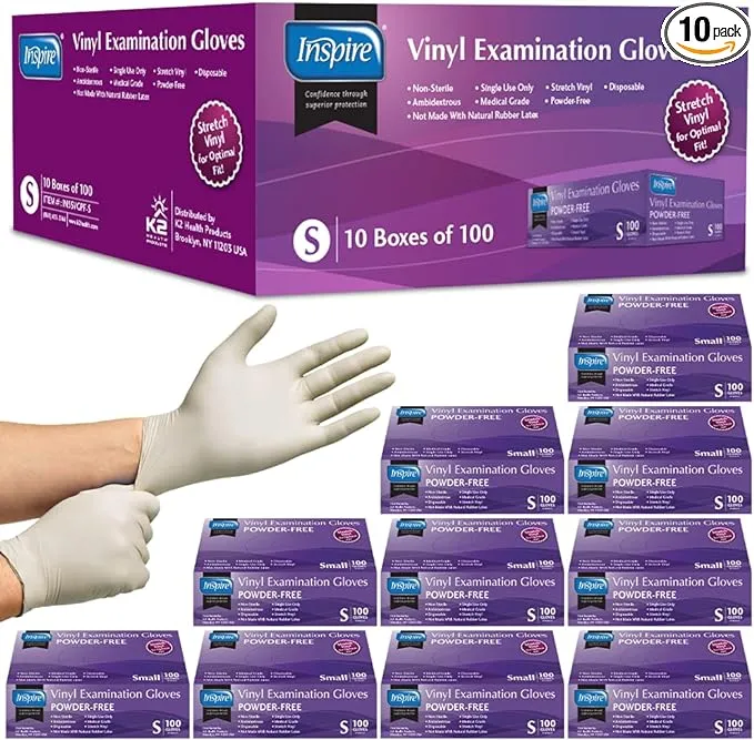 Inspire Stretch Vinyl Exam Gloves | THE ORIGINAL Quality Vinyl Gloves Disposable Latex Free Medical Gloves Cleaning Gloves (Case 1000, 10 Packs of 100)