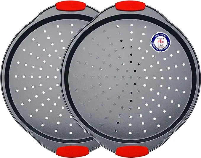 Bakken Swiss Pizza Tray 2 Round with Silicone Handles Carbon Steel Pizza Pan with Holes and Non-Stick Coating