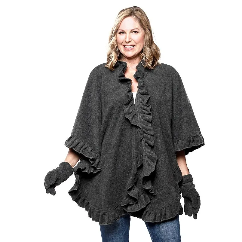 Women's Le Moda Ruffled Knit Fleece Wrap with Matching Gloves