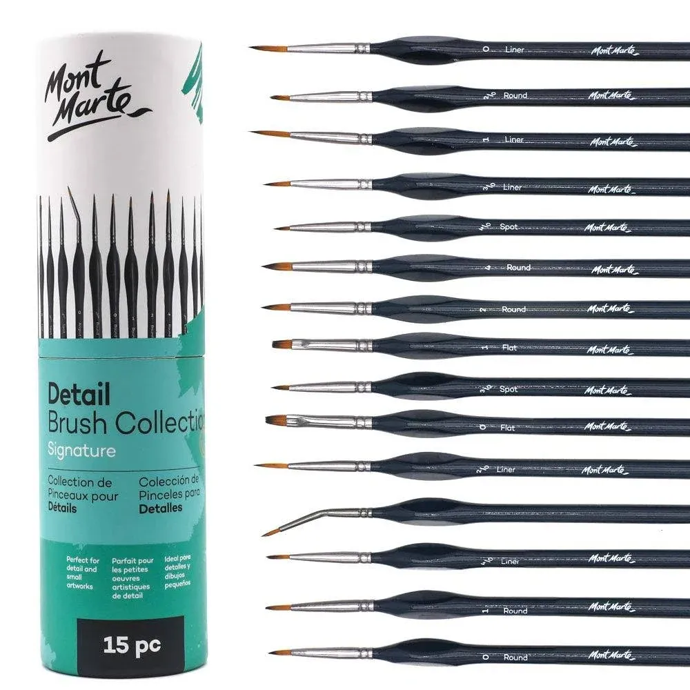 Mont Marte Signature Detail Brush Collection, 15 Piece, Taklon Bristles, Suitable for Acrylic, Oil, Watercolor