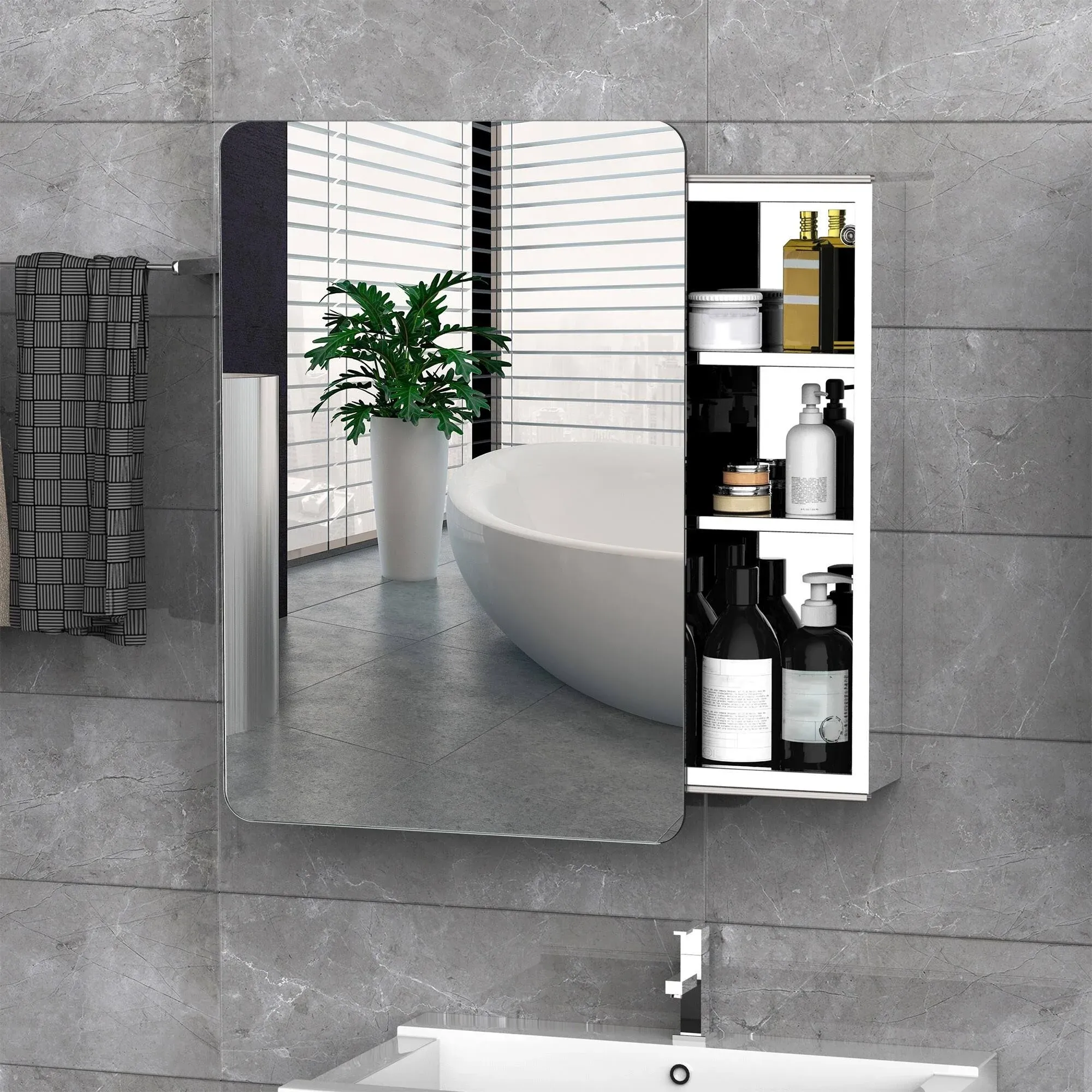 kleankin 18'' x 26''/46cm x 66cm Wall Mount Bathroom Medicine Cabinet Mirror Sliding Door with 3-Tier Storage Shelf