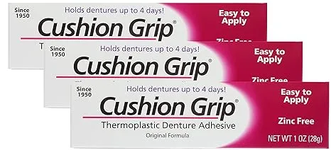 Cushion Grip Thermoplastic Denture Adhesive, 1 oz | Refits and Tightens Loose and Uncomfortable Dentures | Non-Glue Adhesive, Acts Like a Soft Reliner (Pack of 3)