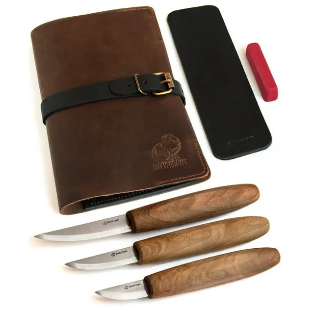 BeaverCraft Deluxe Wood Carving Tools Kit S19x - Wood Carving Knife Whittling Kit Wood Carving Whittling Knife Set with Leather Strop and Polishing Compound in Leather Tools Roll Bag