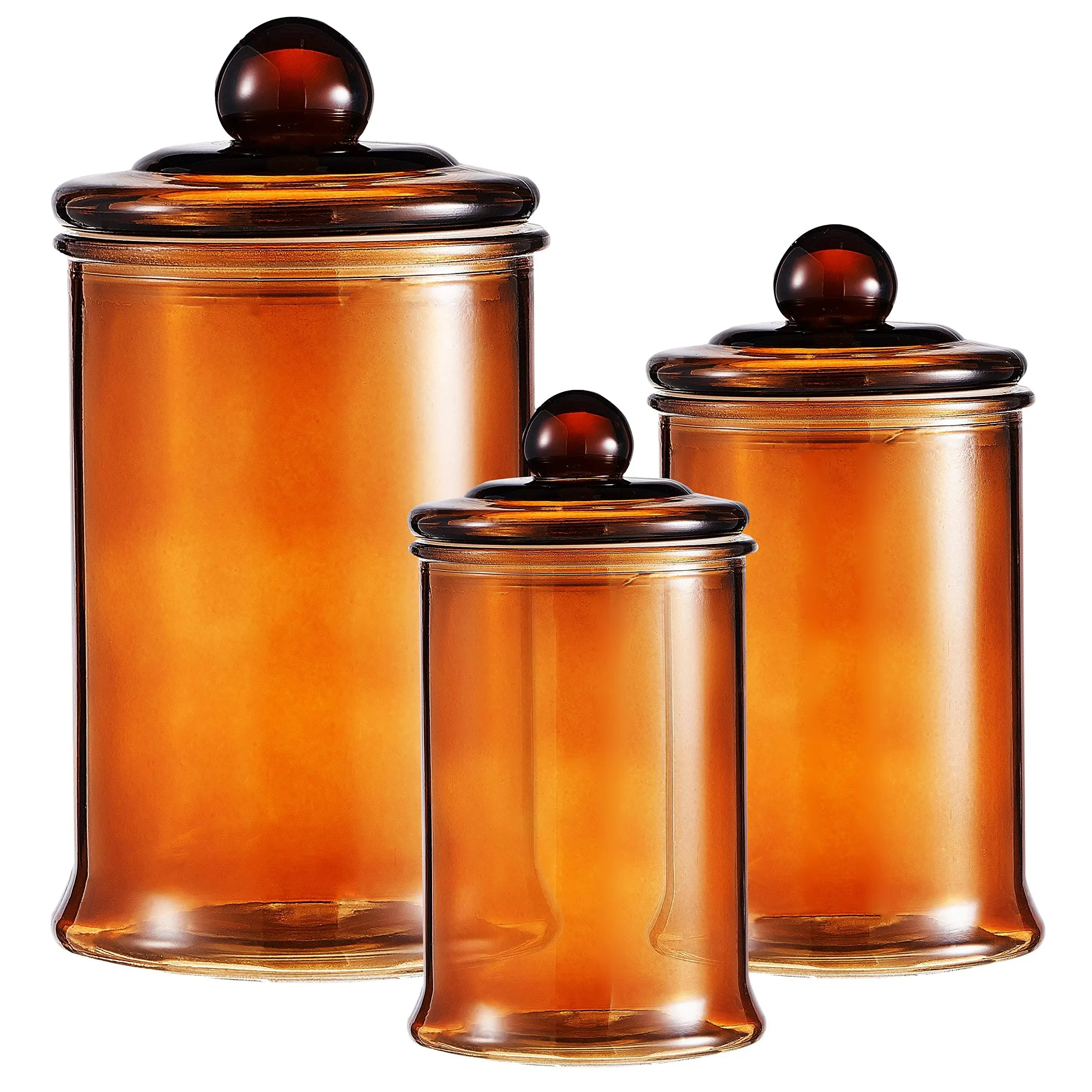 KMwares 3PCs Set Small Glass Premium Quality Apothecary Jars with lids Bathroom Accessories Vanity Organizer Canisters for Cotton Balls/Swabs, Makeup Sponges, Bath Salts, Q-Tips(Brown jar)