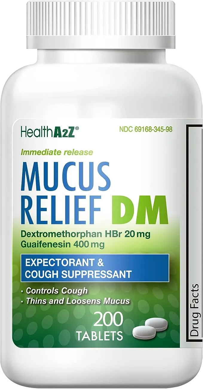 HealthA2Z® Mucus Relief DM | Dextromethorphan HBr 20mg | Guaifenesin 400mg | Cough, Immediate Release, Uncoated (200 Count (Pak of 1))