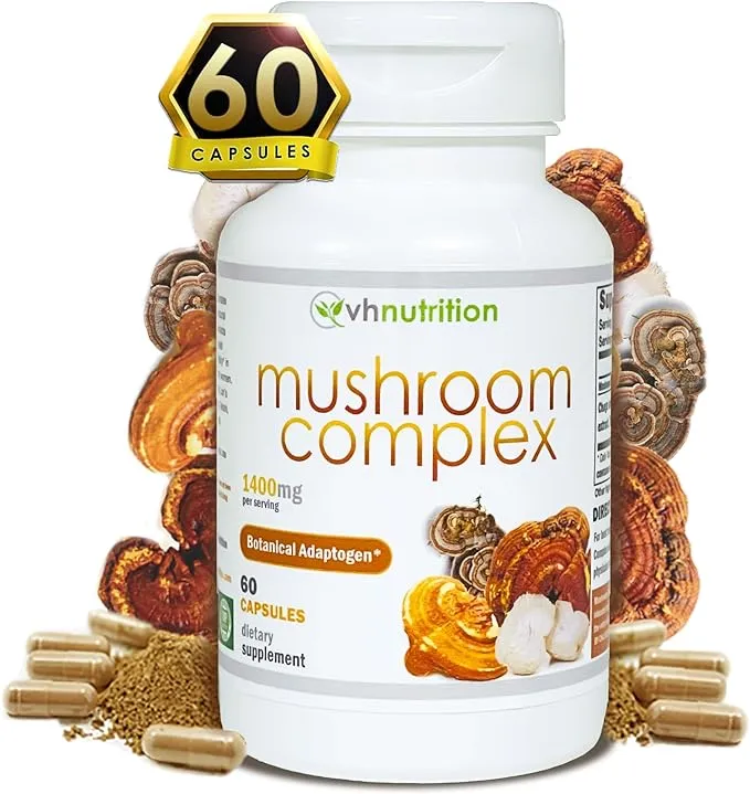 VH Nutrition Mushroom Supplement | Mushroom Complex for Vitality Support* 1400mg | Adaptagen Formula Includes: Lions Mane, Chaga, Reishi, Extracts | 60 Capsules