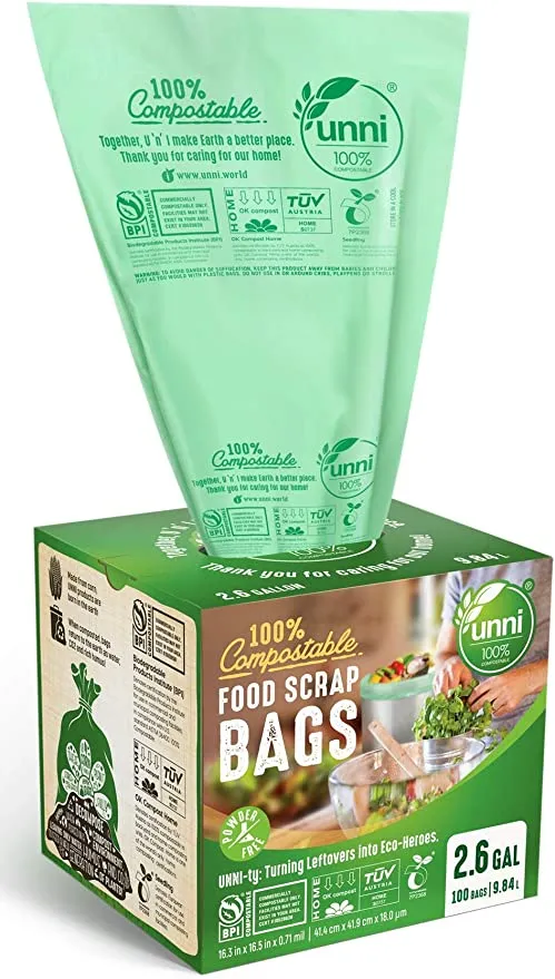 Unni ASTM6400 Certified 100% Compostable Bags, 2.6 Gallon, 100 count