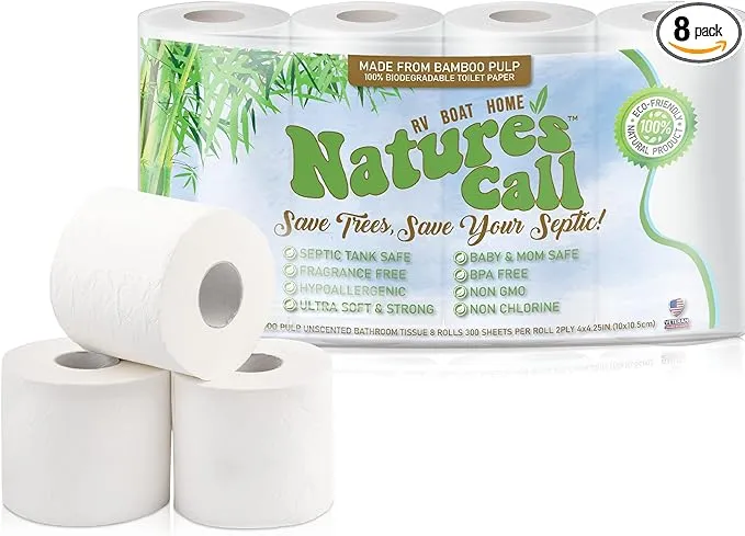 RVs, Boats & Home 100% Bamboo Toilet Paper by Nature's Call - 2-Ply, Soft, Strong, Tank Safe & Quick Dissolve Camper Toilet Tissue - Marine, Camping & Travel Toilet Paper - FSC Certified (8 Rolls)