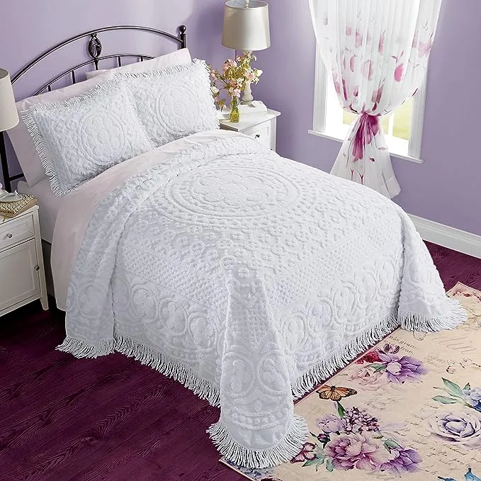 Emily Floral Chenille Bedspread, White, Cotton, Queen