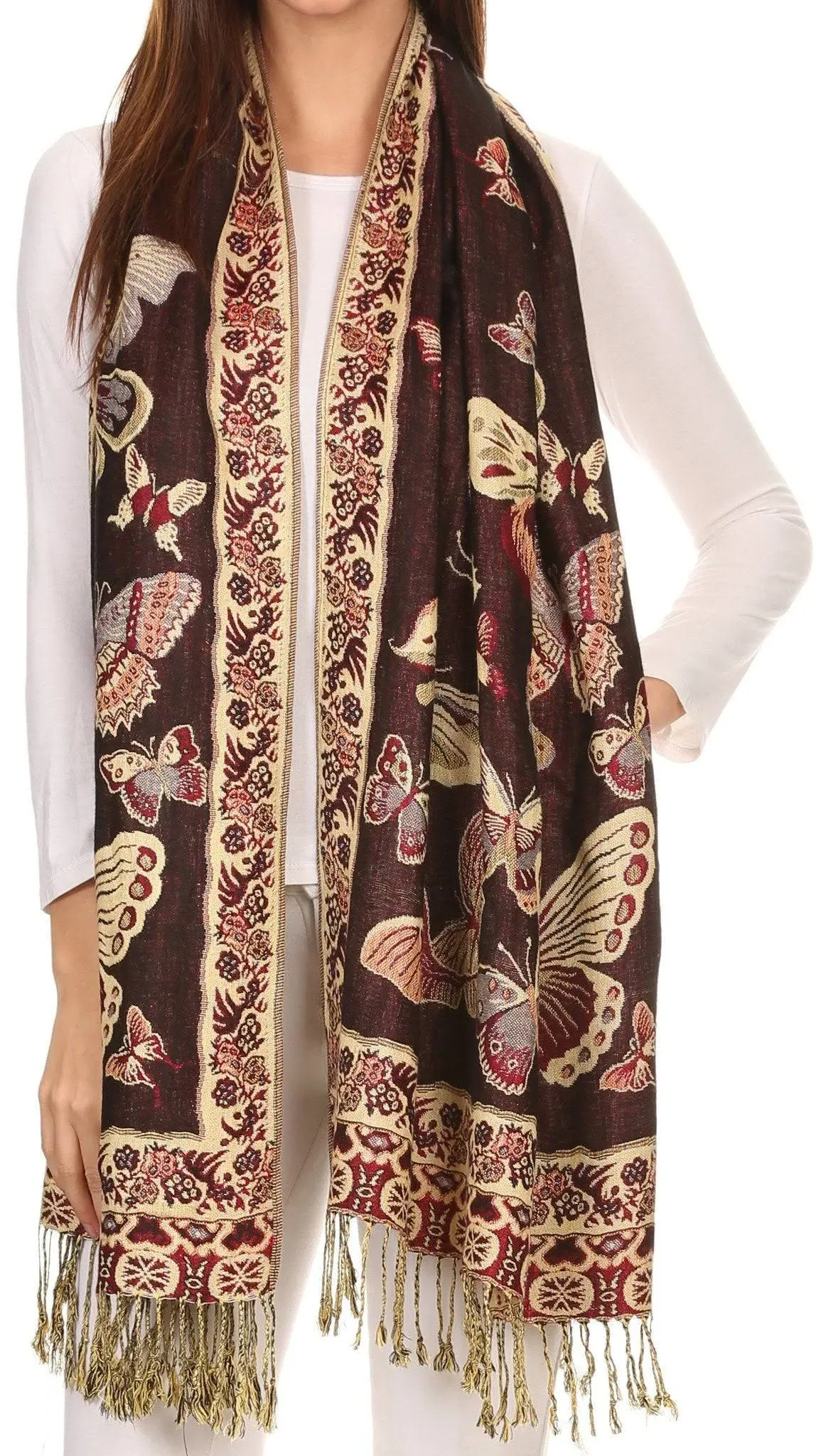 Sakkas Liua Long Wide Woven Patterned Design Multi Colored Pashmina Shawl/Scarf