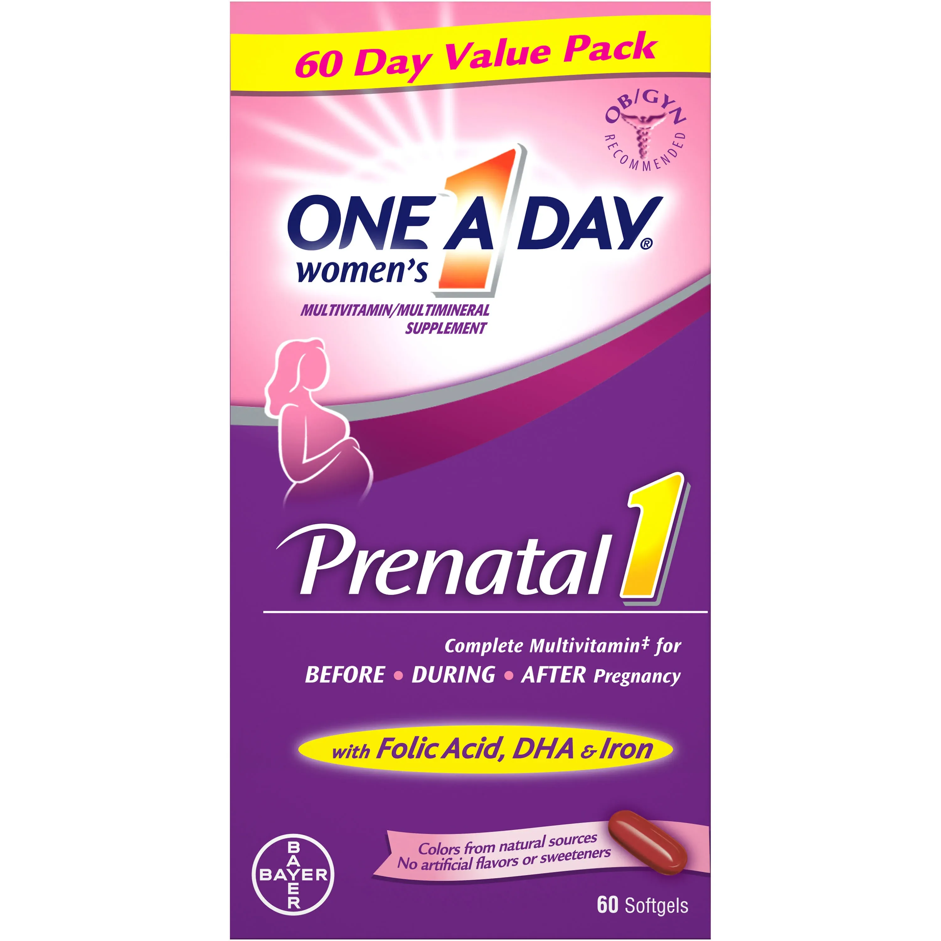 One-A-Day, Prenatal 1 with Folic Acid, DHA & Iron, Multivitamin/Multimineral Supplement, 30 Softgels