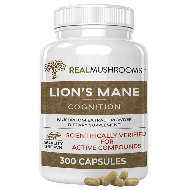 Real Mushrooms Lion’s Mane Capsules - Organic Lions Mane Mushroom Extract for Cognitive Function & Immune Support - Brain Supplements for Memory and Focus - Vegan Mushroom Supplement, 300 Caps