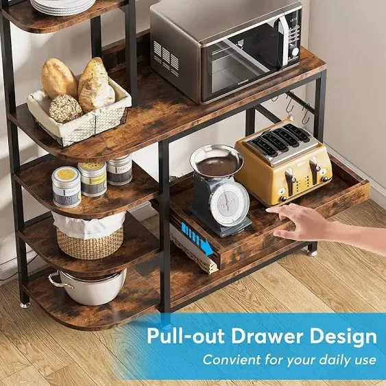 Tribesigns Kitchen Bakers Rack with Power Outlets, 10-Tier Microwave Oven Stand with Storage, S-Hook, and Pull-Out Drawer Gray