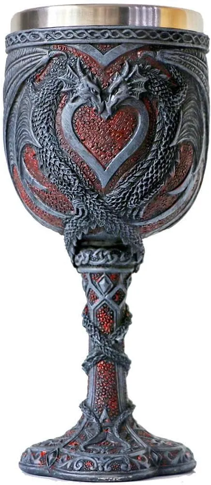 alikiki Medieval Double Dragon Wine Goblet - Valentines Dungeons and Dragons Wine Chalice -7oz Stainless Steel Drinking Cup - Romantic Novelty Gothic