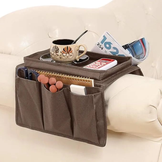 5 Pockets Sofa Armrest Organizer with Cup Holder Tray TV Remote Control Holder